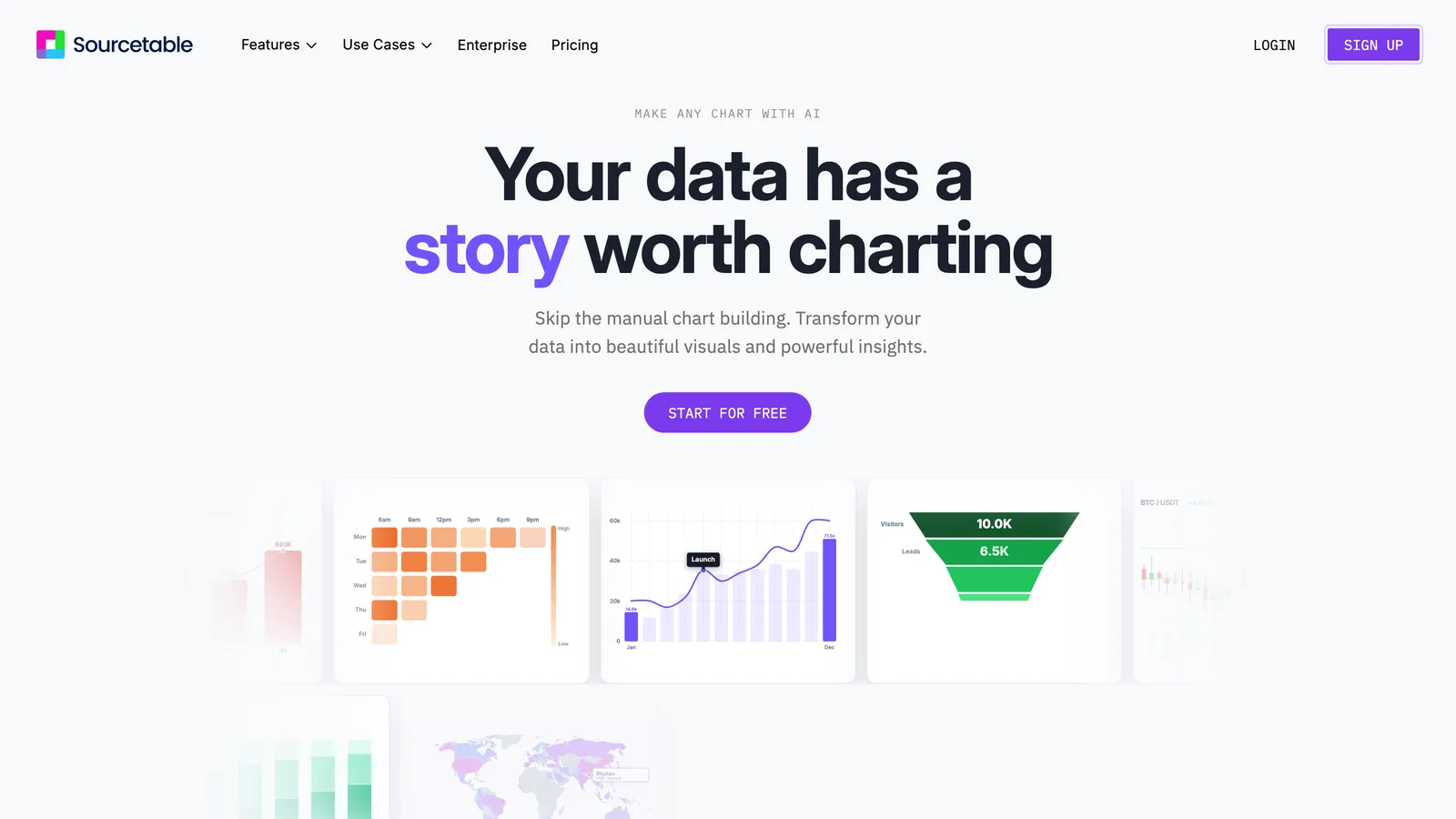 Sourcetable’s charting page, headed “Your data has a story worth charting”, above a row of sample charts that includes a heatmap, a bar-and-line chart and a funnel