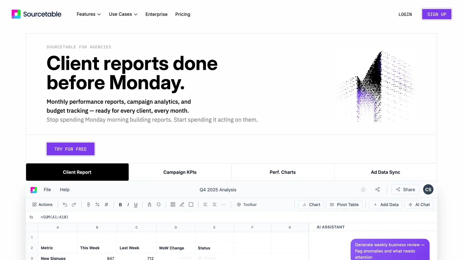 Sourcetable's use-case page for agencies, headed “Client reports done before Monday”, above a demo spreadsheet with an AI Assistant panel