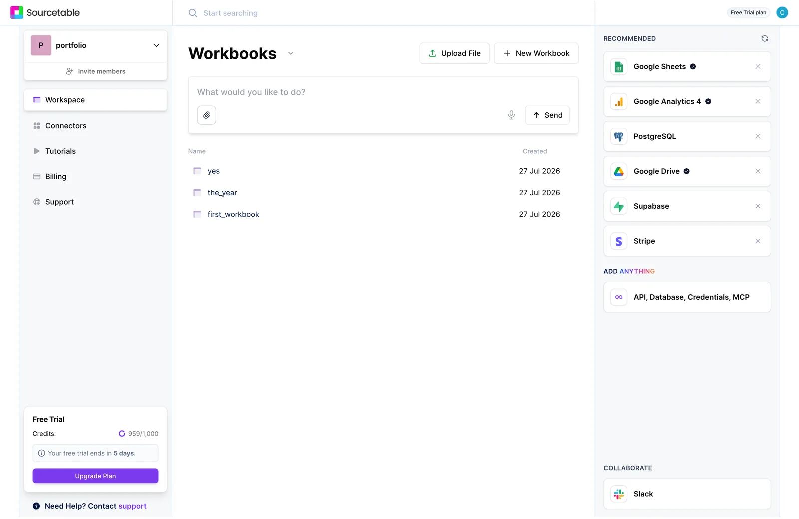 The Sourcetable workspace home, with a prompt box above the list of workbooks, a sidebar on the left and a column of recommended connectors on the right