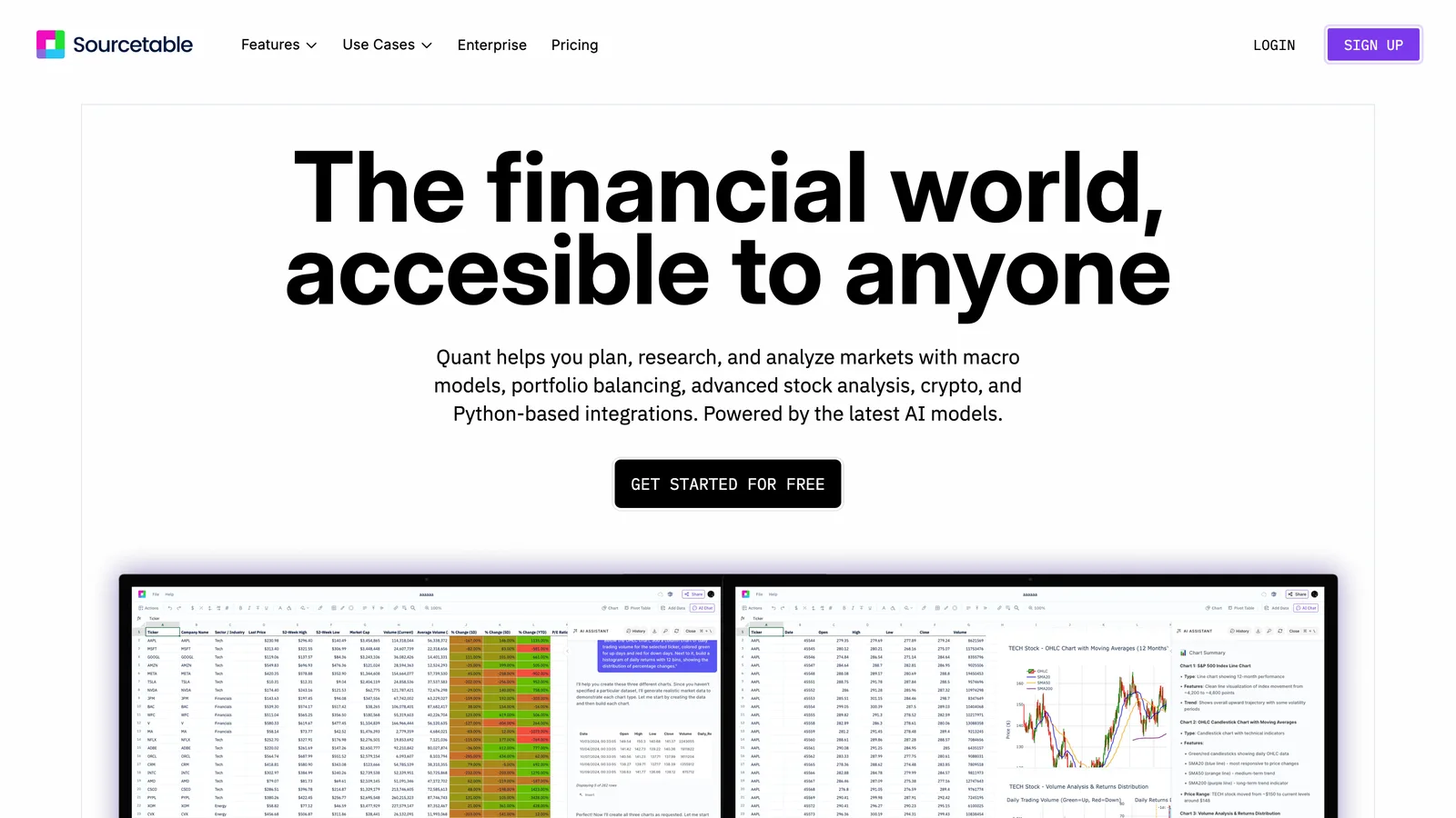 Sourcetable’s Quant landing page, with a Get started for free button above two spreadsheets of stock data, one with a candlestick chart