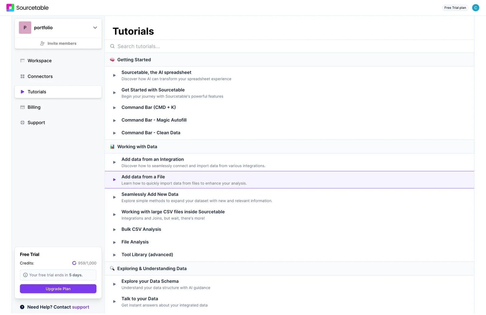 Sourcetable's Tutorials page on a free trial account, with the trial card at the bottom of the sidebar