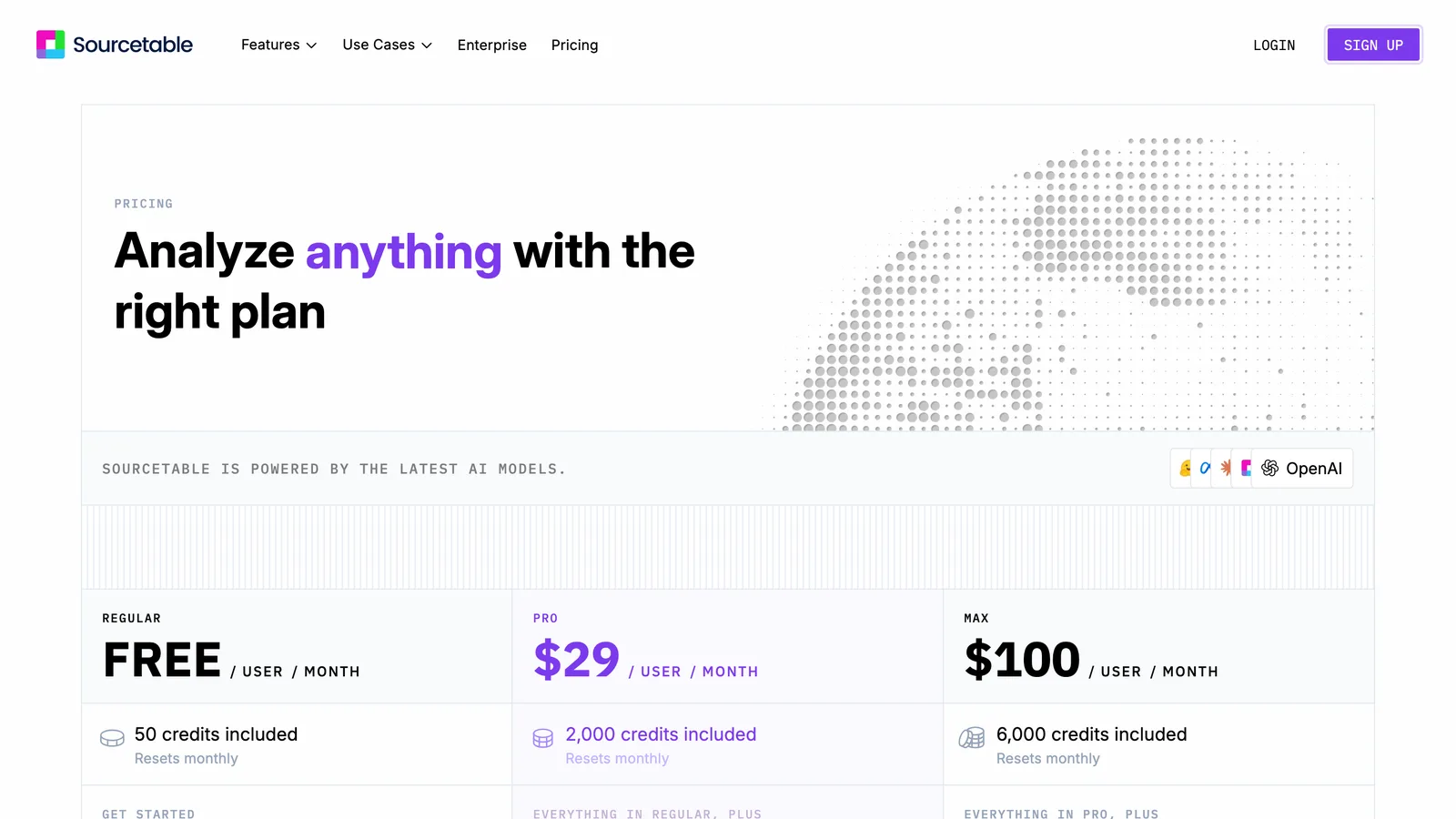 Sourcetable’s pricing page, headed “Analyze anything with the right plan”, with a free Regular plan, Pro at $29 and Max at $100 per user per month
