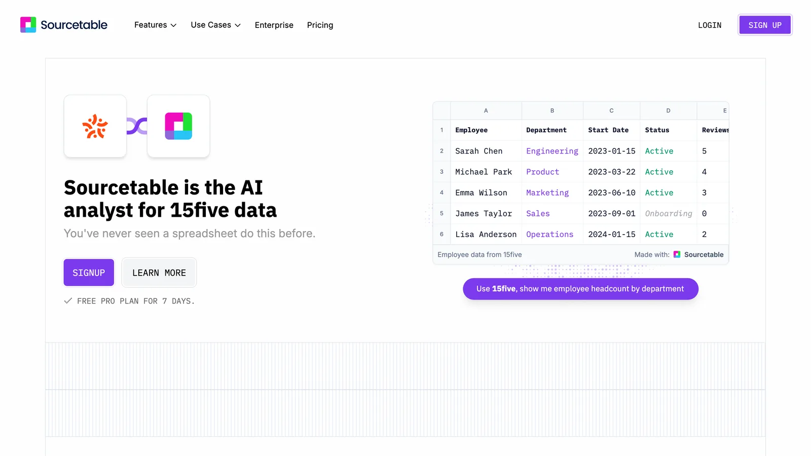 Sourcetable’s connector page for 15five, with both logos, the headline “Sourcetable is the AI analyst for 15five data” and a demo spreadsheet of employee data