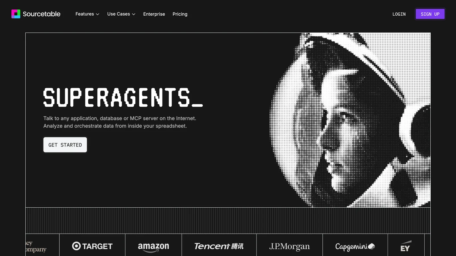Sourcetable’s dark Superagents landing page, with SUPERAGENTS_ in pixel type, a Get Started button and a halftone portrait of an astronaut