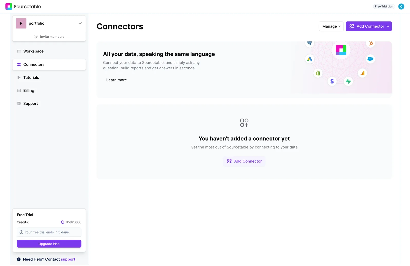 Sourcetable’s Connectors page with no connectors yet. A banner of data-source logos sits above an empty state that reads “You haven’t added a connector yet”, with an Add Connector button under it.