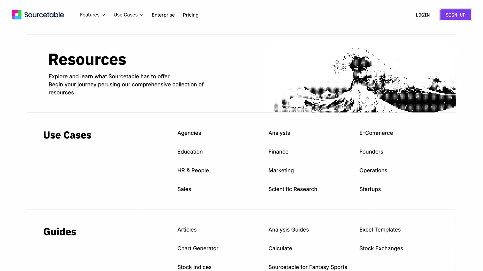 Sourcetable's Resources page, with a halftone wave beside the heading and links to use cases and guides below it