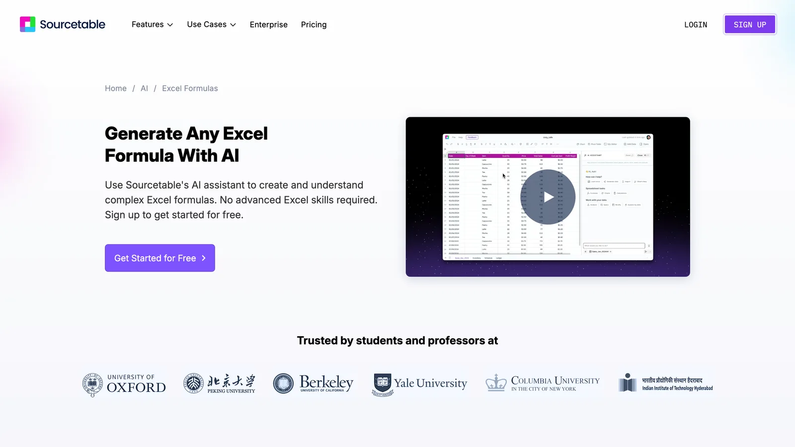 Sourcetable's “Generate Any Excel Formula With AI” page, with a Get Started for Free button, a demo video and a row of university logos