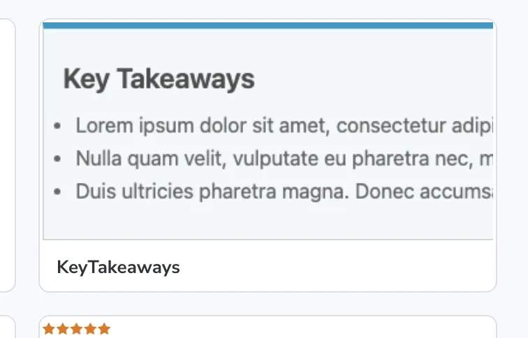 A Key Takeaways card with three lorem ipsum bullets, and the label KeyTakeaways under it