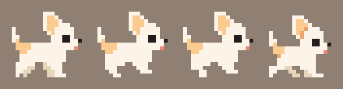 Four cream chihuahuas walking in place side by side on a taupe background