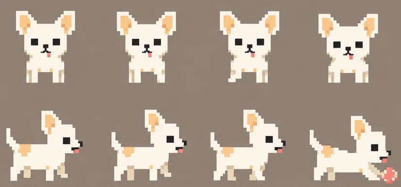Two rows of the AI-generated sprite sheet: four front views on top, four side views below, the last one with a red ball